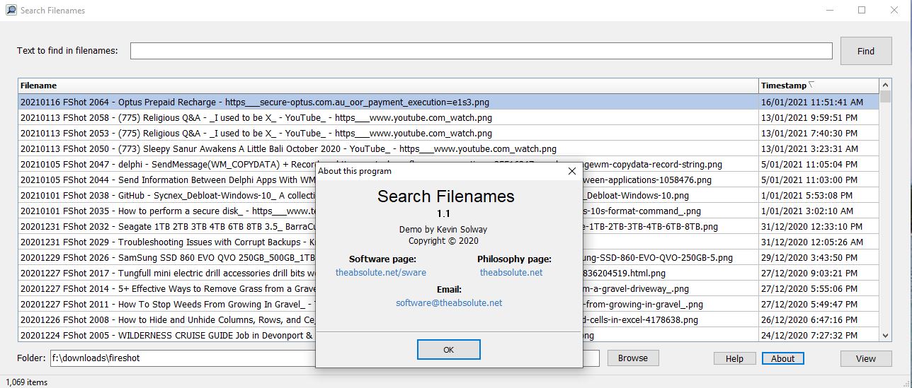 Picture of Search Filenames Main Window